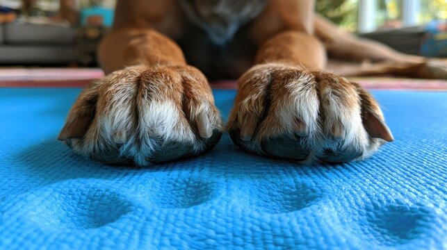Close-up of dog's front paws resting on a blue textured surface