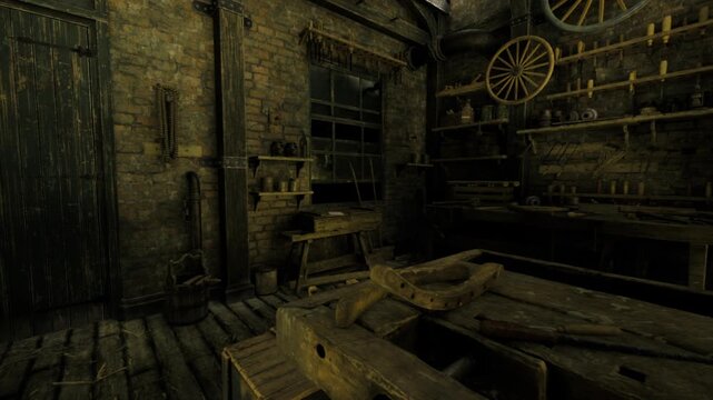 shadowed steampunk prop maker studio filled with brass gears and wheels, workbench cluttered with rivets and leather, polished patina and eccentric lamps,