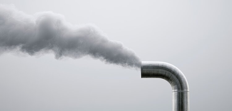 Metallic pipe expels thick white steam against a pale, overcast sky