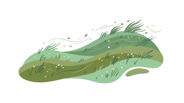 Abstract Green Hillside Meadow Illustration with Wind-Blown Grass