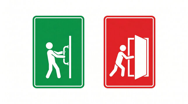 Person pushing and pulling doors with signs indicating exit directions clearly shown
