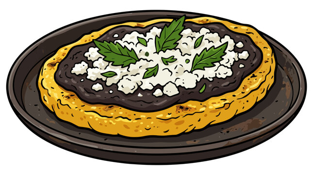 Traditional Mexican tlacoyo oval corn masa cake topped with refried black beans and crumbled fresh cheese vector illustration
