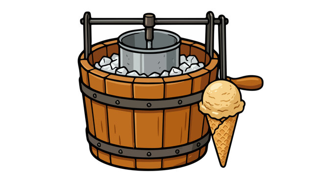Traditional Mexican nieve de garrafa wooden barrel ice cream churner cylinder machine with waffle cone vector illustration