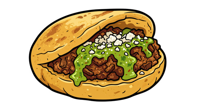 Mexican gordita corn masa pastry filled with chicharron shredded meat green salsa and cotija cheese vector illustration