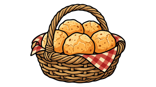 Wicker basket holding freshly baked Brazilian pao de queijo cheese bread rolls with plaid napkin vector illustration