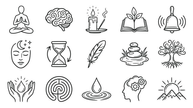 Meditation and mindfulness icons set.