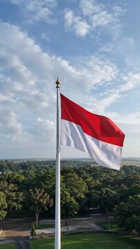 Indonesian flag waving on a tall flagpole, flying proudly above a green park and lush forest under a bright blue sky, aerial vertical shot