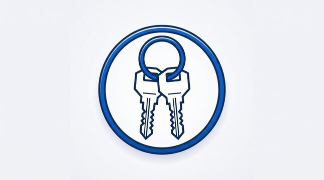 Minimalist blue outline icon featuring two keys on a keyring inside a neat circular frame isolated on a clean white background perfect for security systems real estate branding automotive services pro