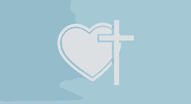 Symbol of christian love heart and cross icon design isolated on blue background for religion and faith concept graphic art.