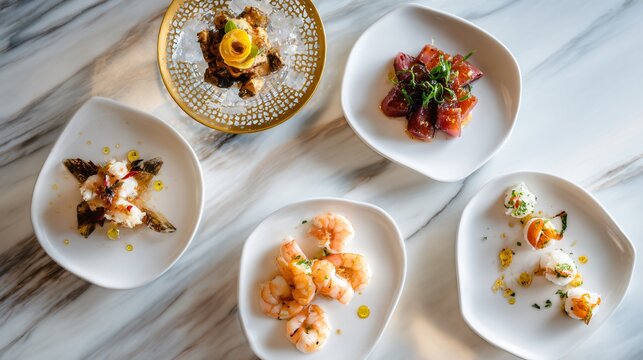 A modern flat lay of seafood small plates arranged asymmetrically on a marble surface with subtle luxury styling and reflections