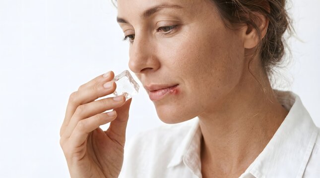 Woman applying ice cube to lip stomatitis sore for relief