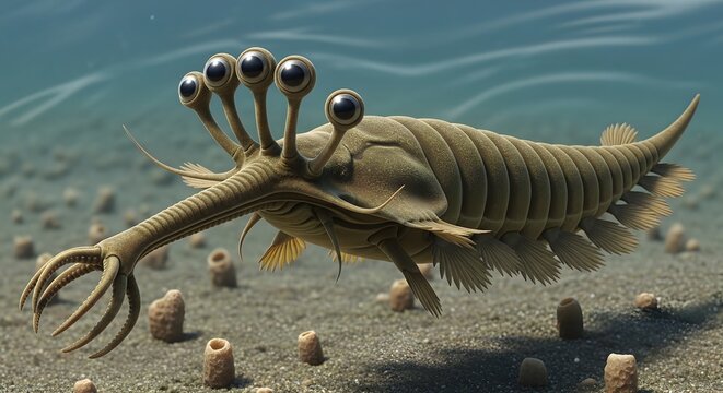 Anomalocaris ancient sea predator with multiple eyes swimming on sandy ocean floor