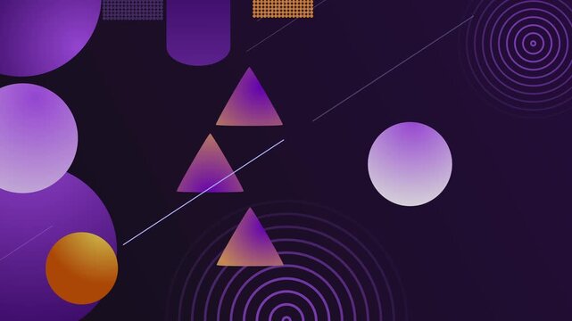 Abstract geometric background with glowing triangles circles lines and spiral rings gradient backdrop animation
