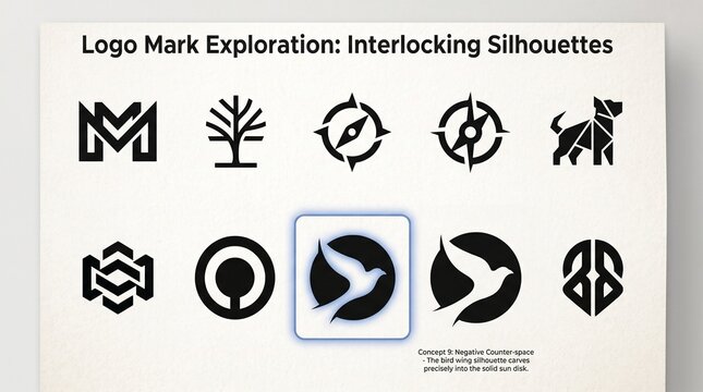 Professional logo mark exploration sheet showcasing diverse minimalist black silhouettes including geometric monograms trees compasses a dog and highlighted negative space flying bird icons perfect fo