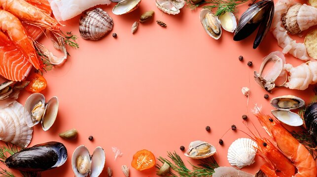 A vibrant seafood assortment forming a loose border around empty center space on a pastel coral background with Mediterranean ingredients scattered naturally