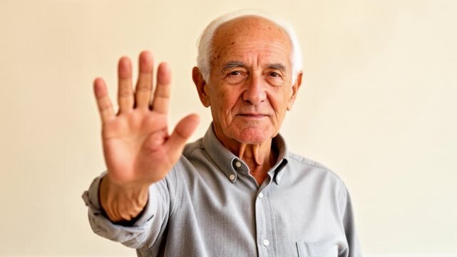 A elderly man standing with his hand open facing the camera to say no