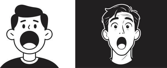 Obraz premium Surprised man face vector illustrations in flat and comic styles with shocked expression open mouth and wide eyes for reaction and emotion