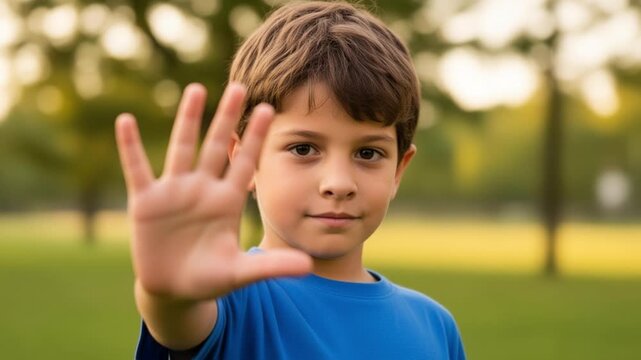 A young boy standing with his hand open facing the camera to say no