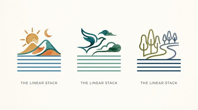 Minimalist logo mark collection titled The Linear Stack showcasing six elegant landscape concepts including sunset horizon coastal journey ocean flight island reflection mountain horizon and path to s
