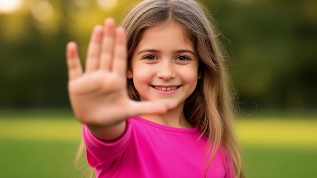 A young girl standing with her hand open facing the camera to say no