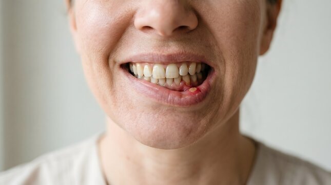 Mouth ulcer stomatitis on the lower lip of a person