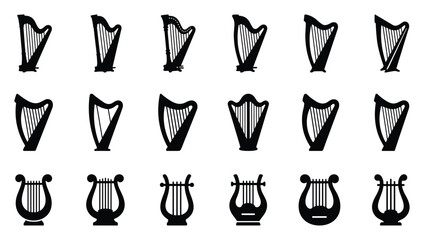 Harp musical instrument vector icon set featuring line, solid and minimal styles for classical music design, orchestra branding, Celtic harp symbols, lyre silhouettes and traditional string instrument © Sami