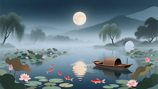 Mid Autumn Moonlit Lotus Commercial Illustration Background