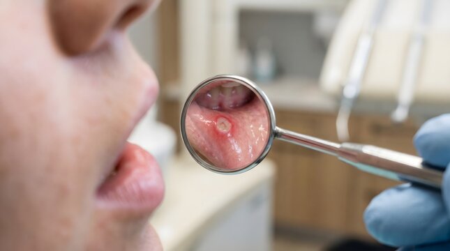 Dental examination of stomatitis ulcer on the inner lip