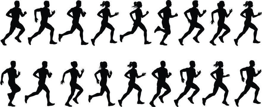 Collection of running people silhouettes in various poses on transparent background figures jogging track field athletic activity exercise fitness marathon sprint race