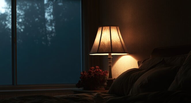 Dim bedside lamp illuminates floral arrangement on a made bed by window