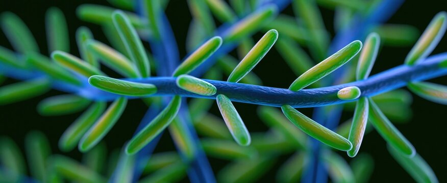 3D visualization of filamentous cyanobacteria chains highlighting nitrogen fixation in freshwater ecosystems.