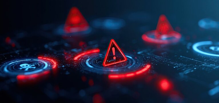 An advanced AI dashboard showcases glowing alerts focused on network security, data breach threats, and business protection strategies.