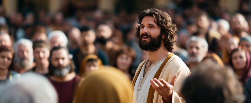 In a lively ancient square, a preacher captivates a varied audience with a compelling religious sermon.