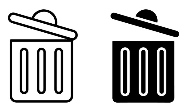 trash bin icon set with open and closed lid minimal outline and solid waste container isolated on transparent background