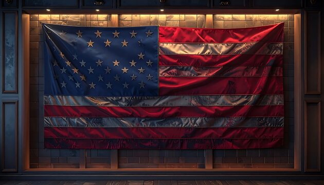 Old vintage American flag displayed inside a wooden frame.