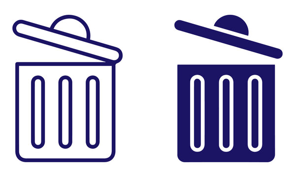 trash bin icon set with open and closed lid minimal outline and solid waste container isolated on transparent background