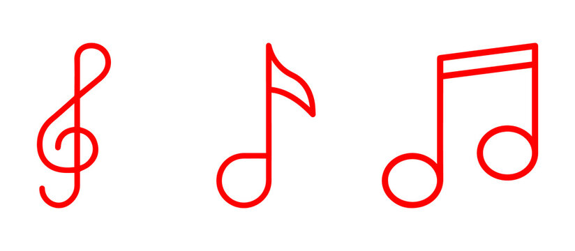 red music note icon set with treble clef and eighth notes representing sound melody audio and musical composition symbol vector png