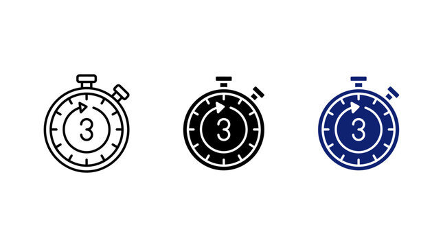 Three second camera self timer stopwatch icon set with vector outline glyph and color variations