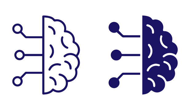 ai brain network icon with circuit connections showing artificial intelligence data processing and neural technology concept outline and solid vector png