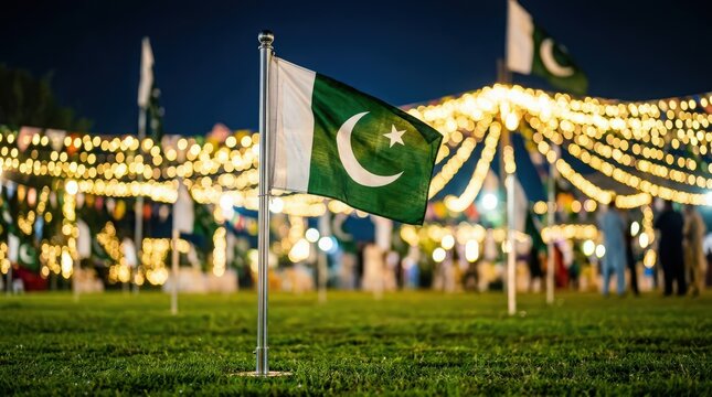 Pakistani flag waving on a pole in a festive outdoor setting with string lights