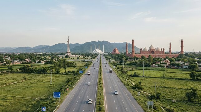 Lahore skyline with minar e pakistan and badshahi mosque pakistan aerial view