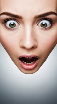 Wide eyes with dilated pupils and a gaping mouth look downward in disbelief, capturing a moment of pure shock against a neutral background, looking down, stunned, facial expression