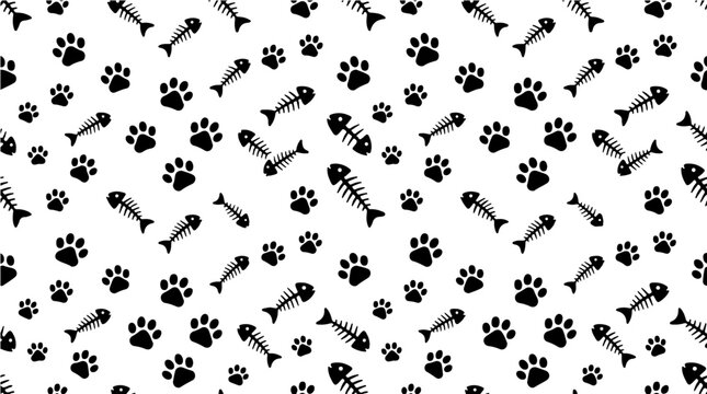 Playful pattern of black paw prints and fish bones on a white background