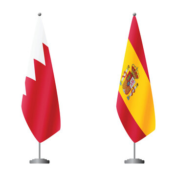 Bahrain and Spain flags on flagpoles for official ceremonies and meetings, transparent background vector