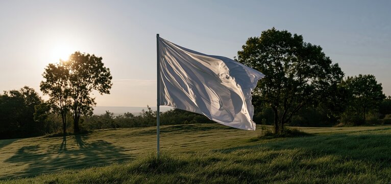 In the early morning light, a vibrant banner flutters above a green meadow, symbolizing tranquility and fresh starts.