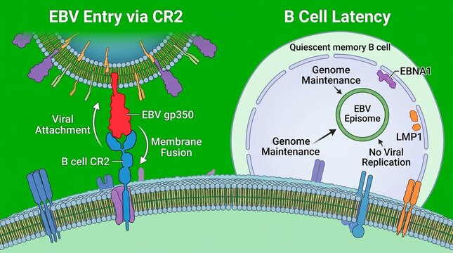 Scientific Diagram Illustrating EBV Entry via CR2 Receptor and B Cell Latency Mechanism