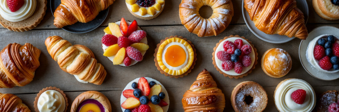 Wide banner with copy space for text sweet homemade Dessert Bakery pastry background AI Generative