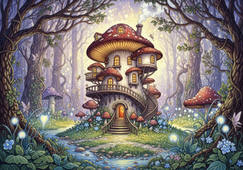 Fototapeta premium Enchanted fairy house shaped like giant mushroom hidden inside magical misty forest with glowing plants and small fairies flying all around.