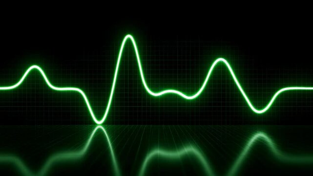 Green neon pulse wave on dark grid background. Animated heartbeat electrocardiogram signal cycle over reflective surface. Digital medical research motion graphic.