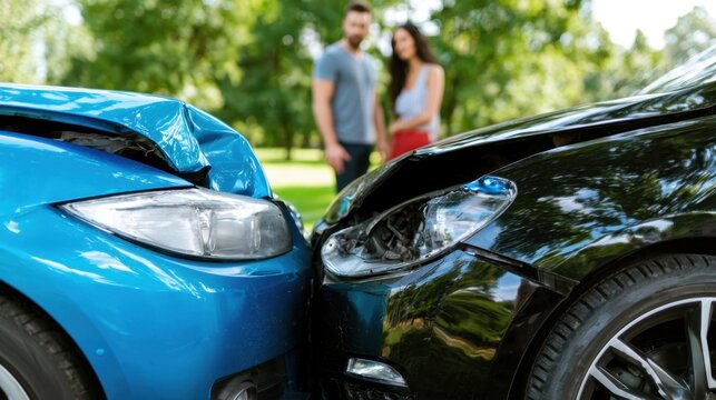 Front view of blue car and black car with damaged front bumpers after collision in park with upset young man and woman standing blurred in background during day